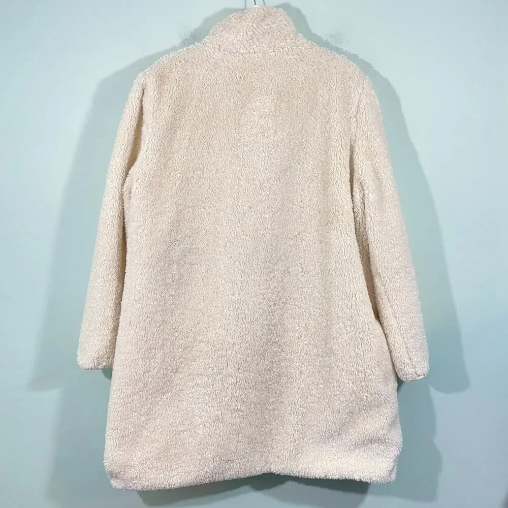 LOFT Women's Cream Button Up Sherpa Funnel Neck Jacket Size XL